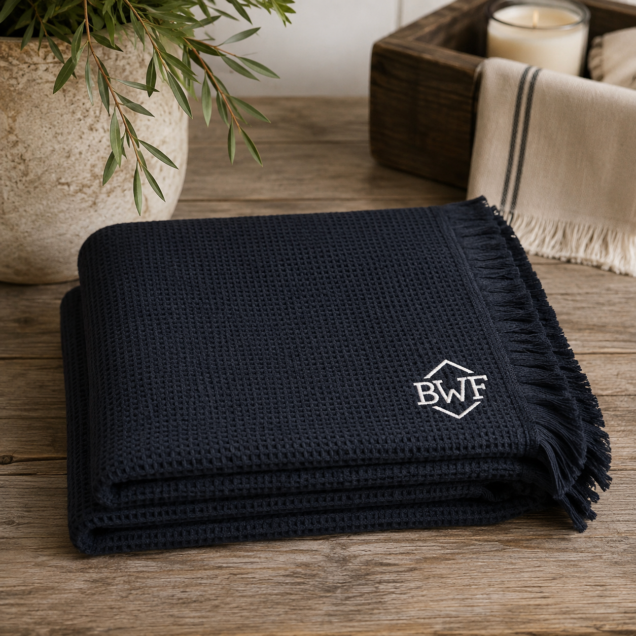 BWF Embroidered Cotton Waffle Throw - Navy