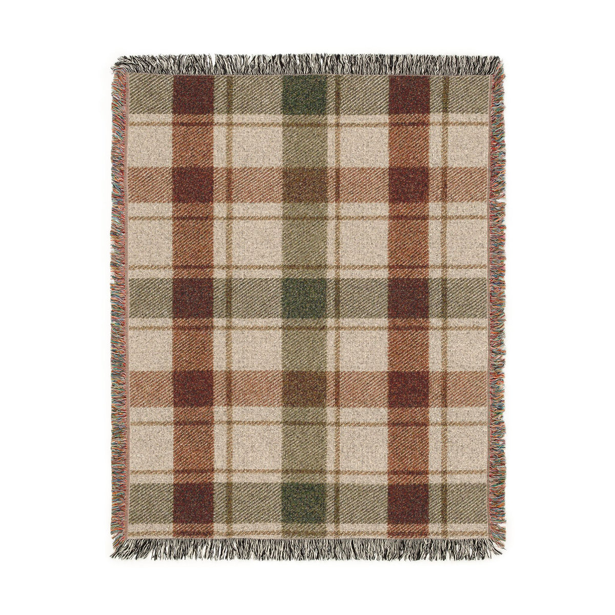 Plaid Woven Throw Blanket — Rustic Red & Olive Fringe Blanket