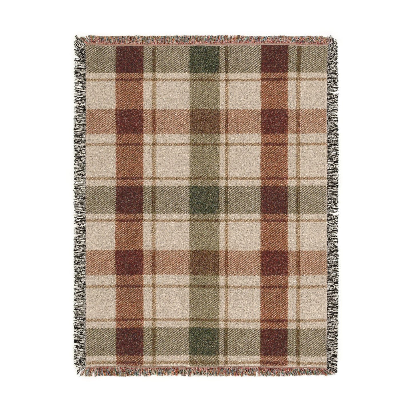 Plaid Woven Throw Blanket — Rustic Red & Olive Fringe Blanket