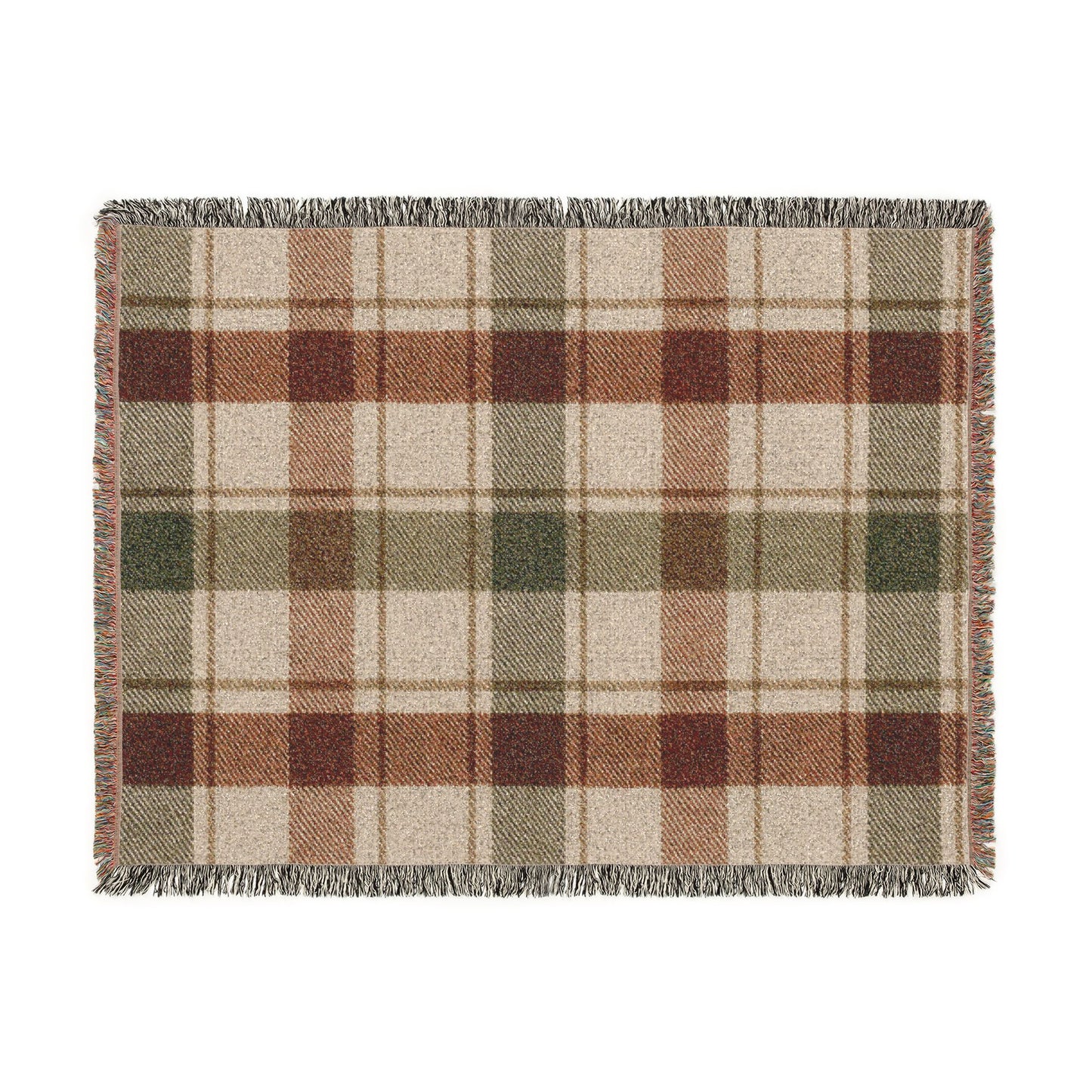 Plaid Woven Throw Blanket — Rustic Red & Olive Fringe Blanket