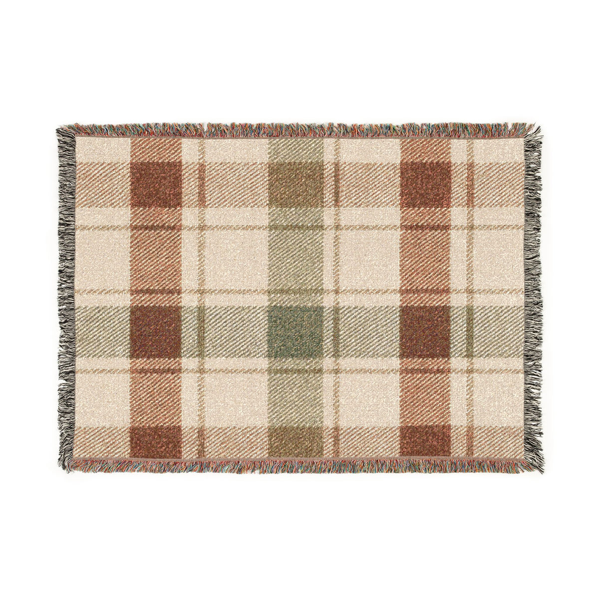 Plaid Woven Throw Blanket — Rustic Red & Olive Fringe Blanket