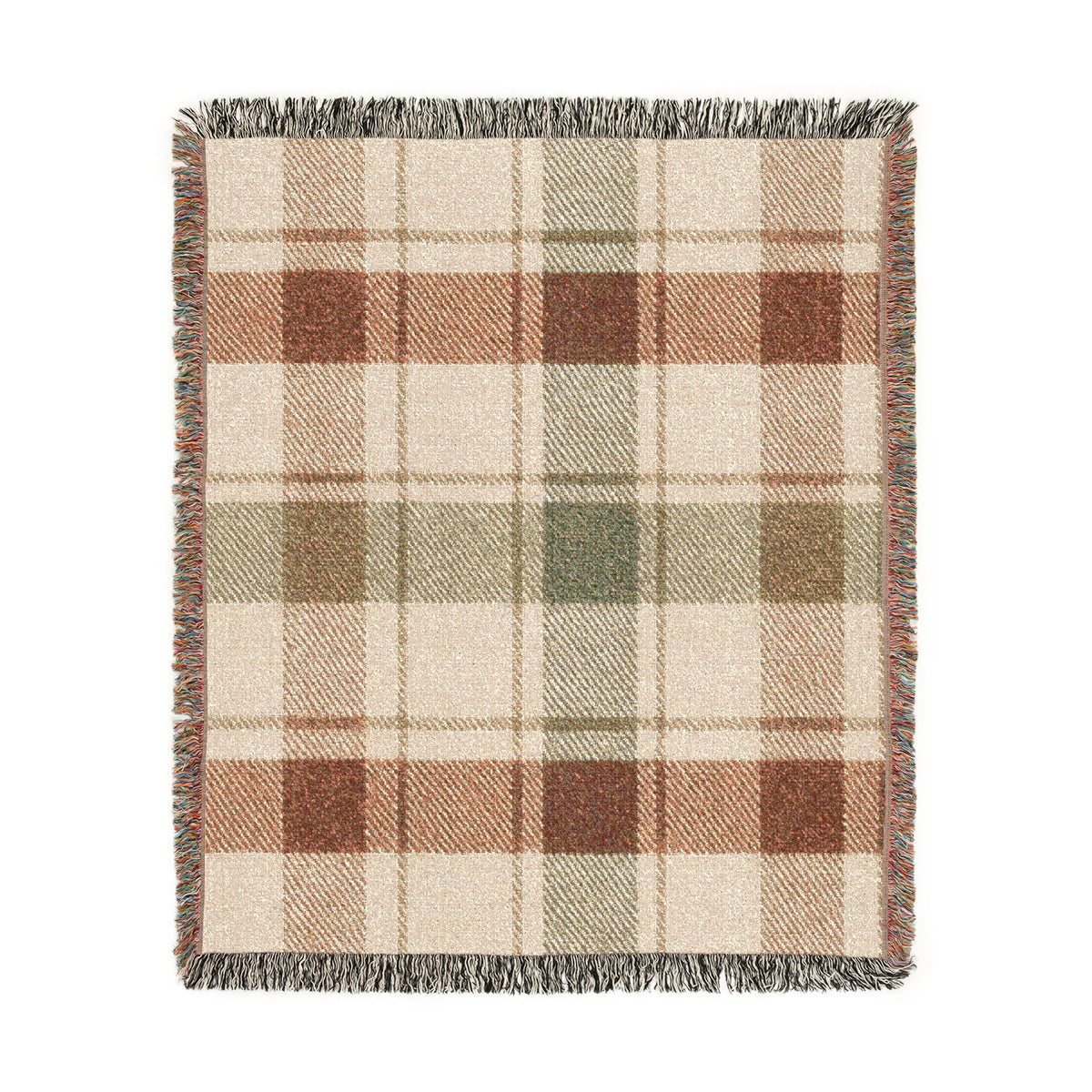 Plaid Woven Throw Blanket — Rustic Red & Olive Fringe Blanket