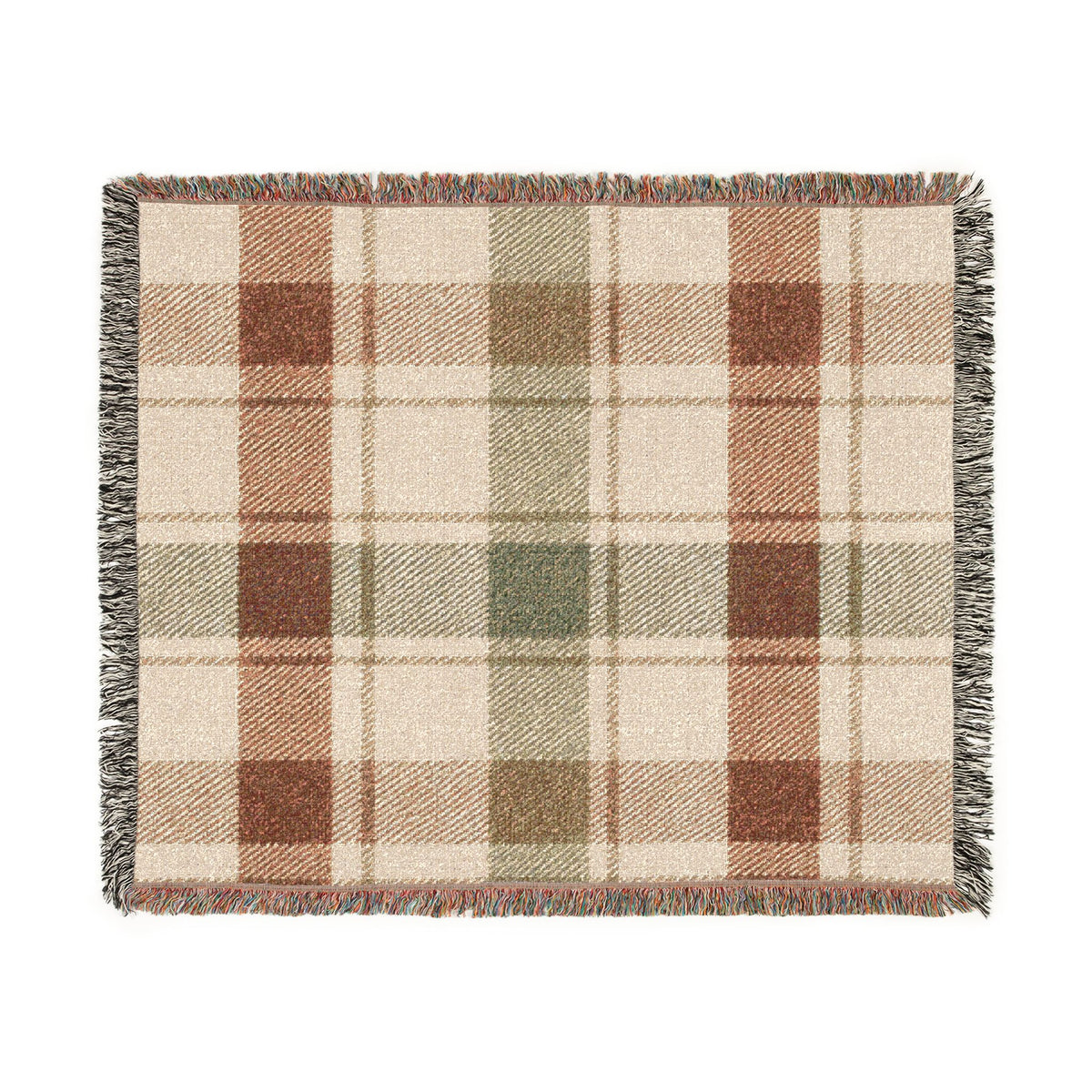 Plaid Woven Throw Blanket — Rustic Red & Olive Fringe Blanket