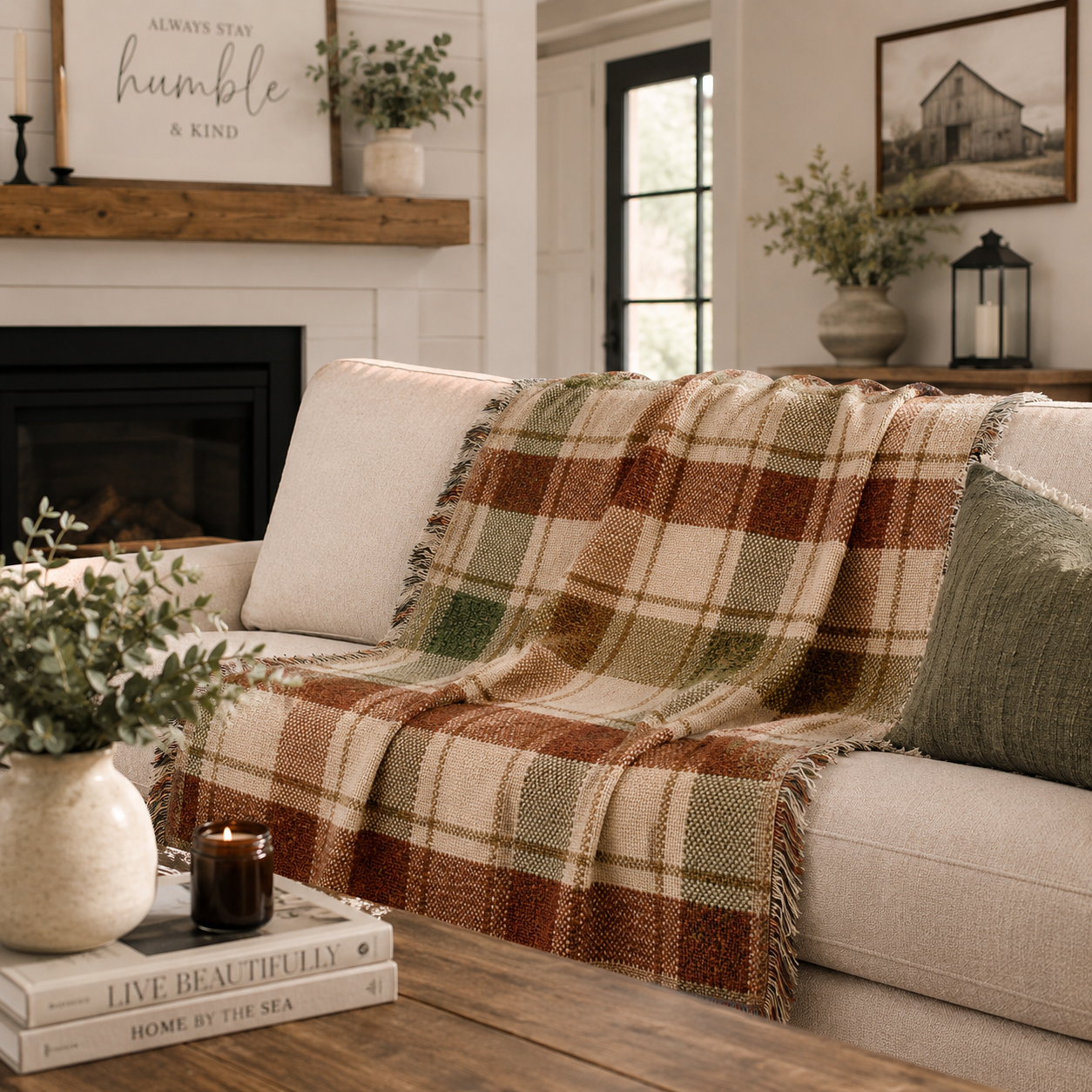 Plaid Woven Throw Blanket — Rustic Red & Olive Fringe Blanket