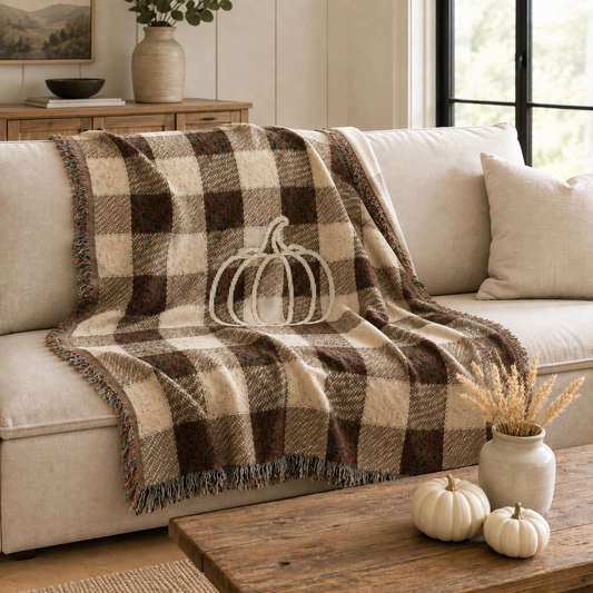 Autumn Pumpkin Plaid Woven Blanket
