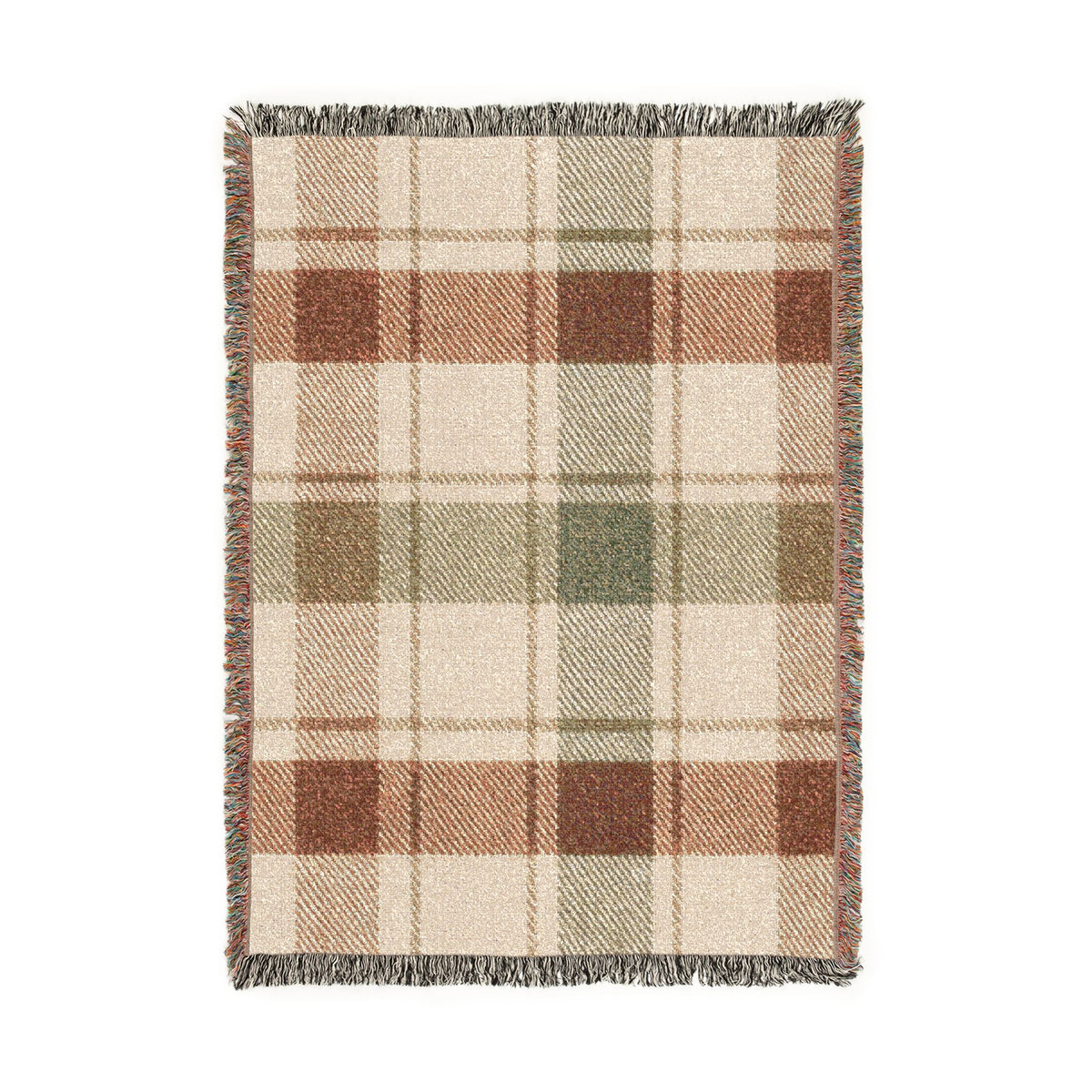 Plaid Woven Throw Blanket — Rustic Red & Olive Fringe Blanket
