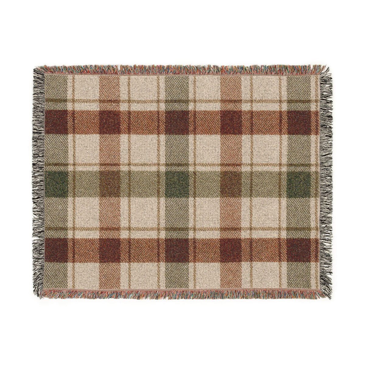 Plaid Woven Throw Blanket — Rustic Red & Olive Fringe Blanket
