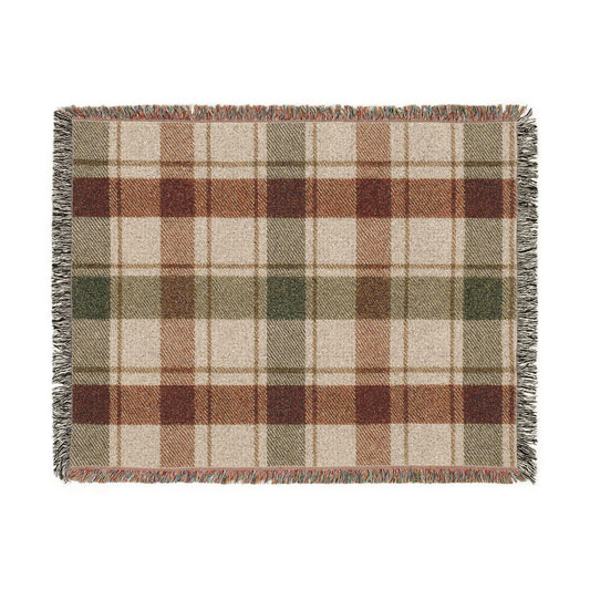 Plaid Woven Throw Blanket — Rustic Red & Olive Fringe Blanket