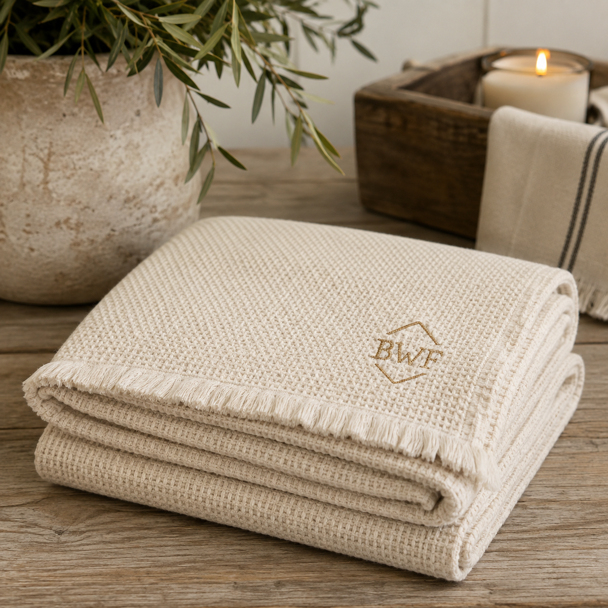 BWF Embroidered Cotton Waffle Throw Blanket - Oatmeal