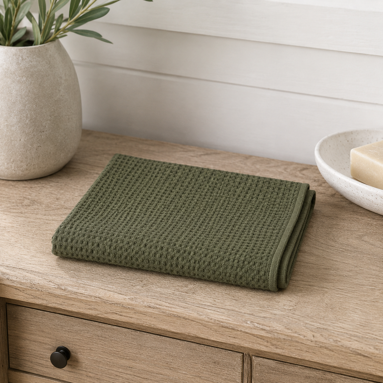 Olive Green Waffle Tea Towel